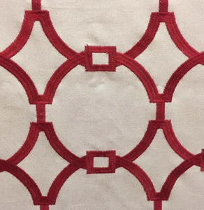 Fabric Stiff Cotton Blend Taupe w/ Red Embroidered Circle Design Asian Style 15" - Picture 1 of 3