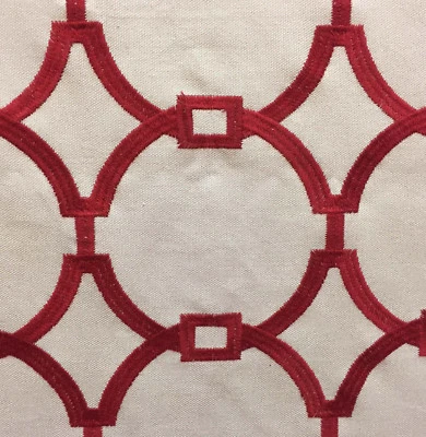 Fabric Stiff Cotton Blend Taupe w/ Red Embroidered Circle Design Asian Style 15" - Image 1 of 3