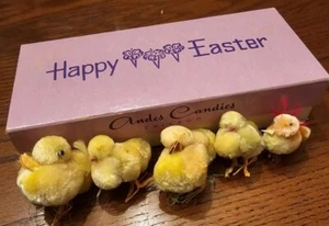 5 Vtg Chenille Spun Cotton Easter Chicks & Andes Candies Chicago Candy Box Lot - Picture 1 of 7