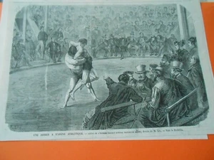 Gravure 1867 - Une soirée à l'Arène Athlétique Lutte de l'homme masqué - Foto 1 di 1