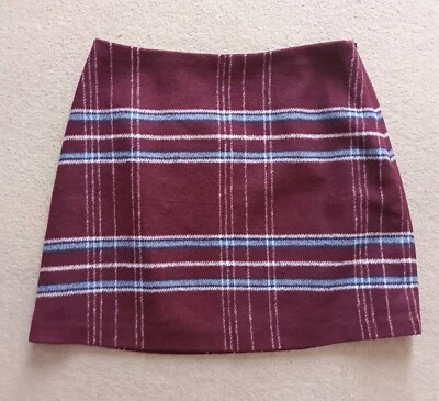 Avenue - Woman Burgundy Plaid Check Lined Wool Short Mini Skirt - Size 10 - Image 1 of 3