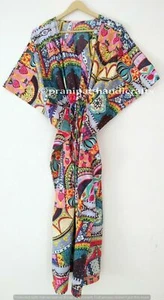 Indian Multi Long Afgani Print Cotton Plus Size Maxi Women Cover up Caftan Dress - Picture 1 of 6