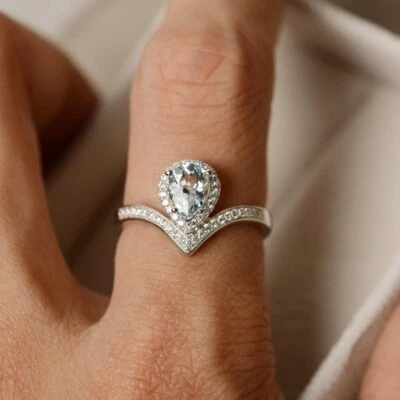 1.50 Ct Pear Cut Real Aquamarine & Diamond Engagement Ring 14K White Gold - Image 1 of 4