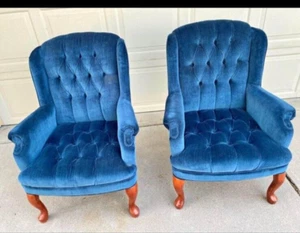 Vintage Queen Anne Navy  Upholstered  Wing Chair’s Pair - Picture 1 of 3