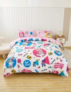 LOONEY TUNES Cartoon Printed Pink Reversible Duvet Cover Set Sz Queen Bugs Bunny - Picture 1 of 16