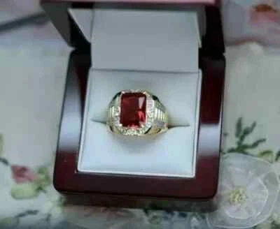 3.20CT Emerald Cut Natural Red Ruby & Diamond Men's Wedding Ring 14k Yellow Gold - Image 1 of 4