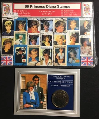 50 sellos de la princesa Diana y moneda de 1981 conmemorativa del matrimonio con el príncipe de Gales Foto 1 de 4