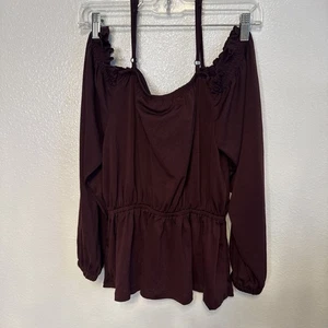 WILLOW + ROOT Elegante Borgoña Fuera del Hombro Top Talla Med Peplum Bajo Smocking - Imagen 1 de 6