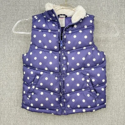 Gymboree Girls Puffer Vest Size S (5-6) Purple White Polka Dot Faux Fur Trim - Image 1 of 4