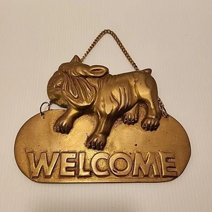 Letrero de bienvenida colgante Bulldog de latón vintage - Imagen 1 de 3