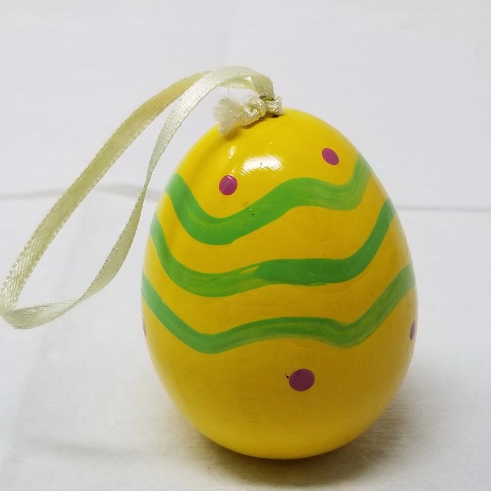 Christmas Ornament Wood Egg Yellow Green Painted Holiday Tree Decor Hanging - Image 1 of 4