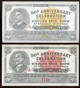 (2) Baraboo, WI Ringling Bros. 5¢ & 10¢ Depression Scrip 1. November 1933 knackig unc! - Bild 1 von 2
