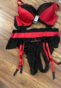 Lovehoney Plus Size 1X-2X Empress Red Satin Black Lace Crotchless Bra Set 18-20 - Picture 1 of 5
