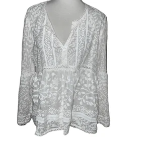 Lola Australia Long Sleeve Boho Eyelet Trim Floral Top White Cream Sz L Large - Picture 1 of 10