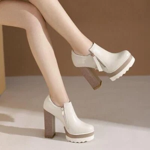 Damen-Stiefeletten Low-Top rund geschnitten Blockabsatz hoher seitlicher Reißverschluss Plateauschuhe - Bild 1 von 13