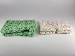 Crochet Fingerless Texting Mittens Gloves Handmade 2 Pair Light Green & White - Picture 1 of 4