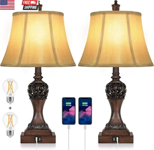 Set of 2 Touch Control 3-Way Dimmable Table Lamps with 2 USB Charging Ports Trad - Picture 1 of 7