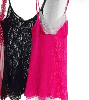 De colección Lote 2 Camisón Lencería S Negro Rosa Felina 100% Nylon Transparente Encaje COMO NUEVO Foto 1 de 3