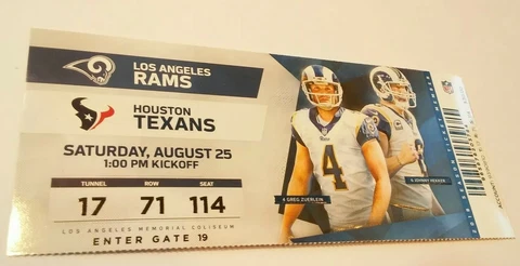2018 Los Angeles Rams Houston Texans NFL Football Full Ticket Stub Cover