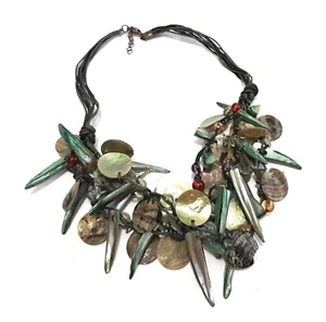 Statement Jewelry Tribal Green Brown Shell BOHO Cotton Cord Necklace 20" - Picture 1 of 5