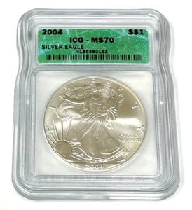 2004 .999 - 1 OZ PURE AMERICAN SILVER EAGLE $1 COIN ICG HOLOGRAM - MS-70 BU ASE - Picture 1 of 2