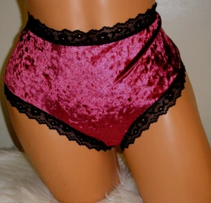 Red Wine Velour Lace Trim Brief Panties Lingerie, 3XL Adult Gift - Picture 1 of 7