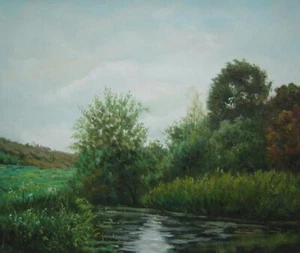 Pintura al óleo 20x24 Un estanque verde cubierto de loto, malezas y plantas flotantes - Imagen 1 de 1