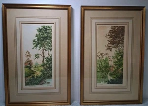 Vintage saisonales Paar handkolorierte Verschanzungen vergoldete Holzrahmen signiert beide 16" x 11" - Bild 1 von 13