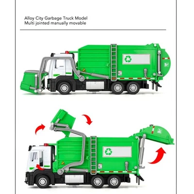 1:32 Garbage Truck Toy With Dumpster 4 Trash Bins Friction Powered Light - Image 1 of 4