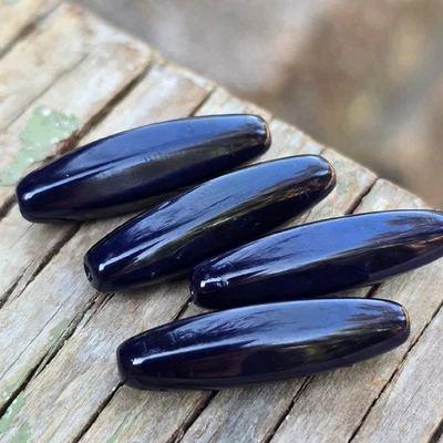 Old Vintage German Glass Beads | Dark Navy Blue Smooth Elegant 26 mm Long Tubes - Image 1 of 4