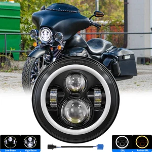 7"inch LED Projector Black DRL Ring Hi/Lo Beam Headlight For Softail Road King - Picture 1 of 5
