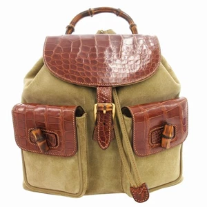 GUCCI Bamboo Backpack Daypack Mixed Embossed Leather Suede Khaki Brown 003 58 00 - Picture 1 of 9