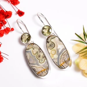 Verrückter Spitzenachat Citrin Edelstein Handgemacht 925er Silber Ohrringe 4.8cm - Bild 1 von 6