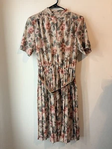Vestido Vintage Años 80 Hecho a Mano Cinturón Floral Plisado Mediano Acolchado - Imagen 1 de 7