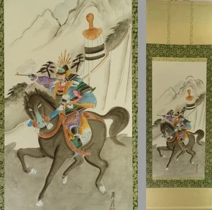 IK852 Japanese Boys Day Hanging Scroll with Brave Warrior on Horse – Samurai Art - Picture 1 of 15