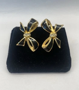 Christian Dior Vintage 1980s Black Knot Bow Swarovski Crystals Clip On Earrings - Picture 1 of 12