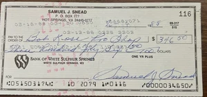 Sam Snead Signed Check BAS!! - Picture 1 of 3