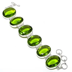 Faceted Peridot Gemstone Handmade 925 Sterling Silver Jewelry Bracelet 8" l199 - Picture 1 of 6