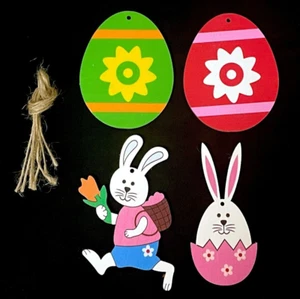 Happy Easter Set of 4 Wood Pastel Colors Home Wall Hanging Decor Bunnys Eggs - Picture 1 of 2