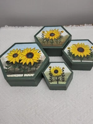 Винтажные деревянные шестиугольные коробки для гнездования подсолнечника 4 памятных ящика для коттеджа бабушки - Изображение 1 из 4