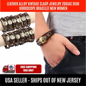 LEATHER ALLOY VINTAGE CLASP JEWELRY ZODIAC SIGN HOROSCOPE BRACELET MEN WOMEN - Picture 1 of 24