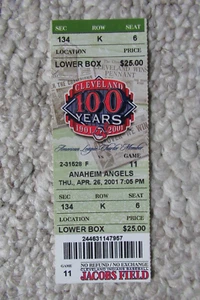 CLEVELAND INDIANS VS ANAHEIM ANGELS 4/26/2001 FULL TICKET ~ SALMON/GONZALEZ HRs - Picture 1 of 1