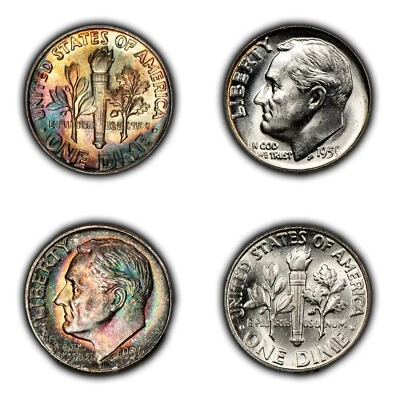 2-Coin 1959 10c Roosevelt Dime - PQ End Roll Rainbow Toning - VIDEO - SKU-Y5701 - Image 1 of 4