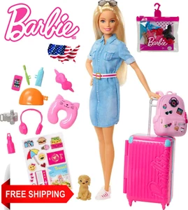 Barbie Reisepuppe & Welpe Reiseset 14-teilig mit Geschenk 5 Paar Schuhe für Mädchen - Bild 1 von 9