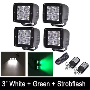 4x 3" 24W Green/White/Strobeflash Remote LED Work Light Cube Pods & Wiring Kits - Picture 1 of 12