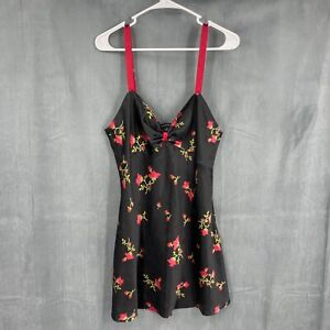 Jones New York Pajama Slip Dress Womens Large Black Red Floral V-Neck Sleeveless
