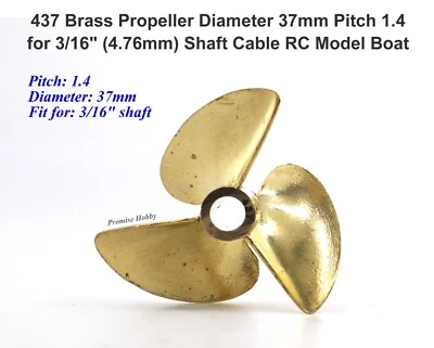 437 Brass Propeller Diameter 37mm Pitch 1.4 for 3/16 Shaft Cable RC Model Boat - Image 1 of 3