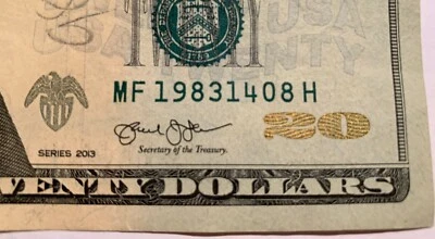 $20 Dollar Bill 2013 Circulated Fancy DATE Year Serial Number MF 1983 14 08 H - Image 1 of 3
