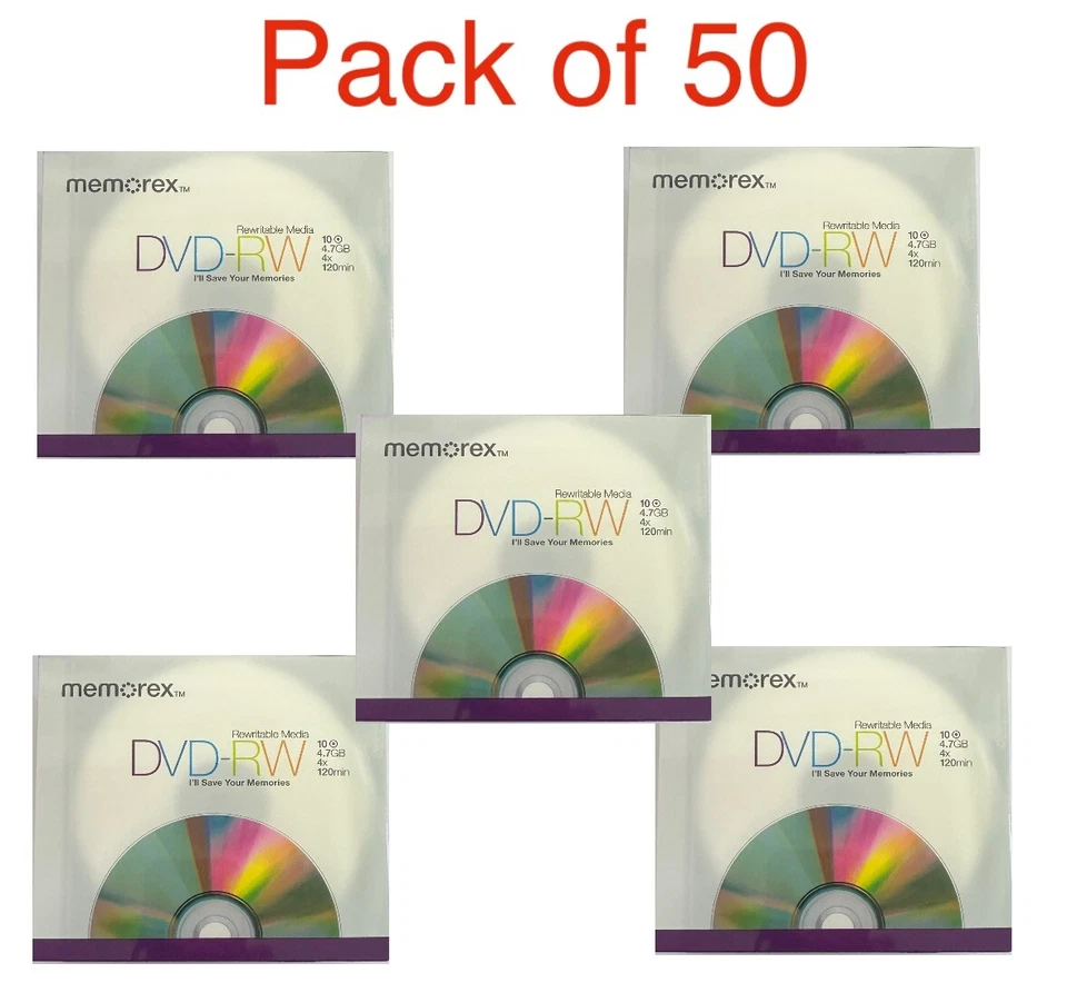 50 x Memorex Blank DVD-RW discs 4x 4.7GB 120 mins Rewritable In Slim Case - Image 1 of 1