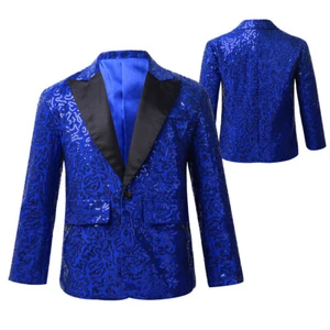 Kids Boys Tuxedo Jacket Coat Wedding Party Shiny Sequin Blazer Formal Costume - Picture 1 of 48
